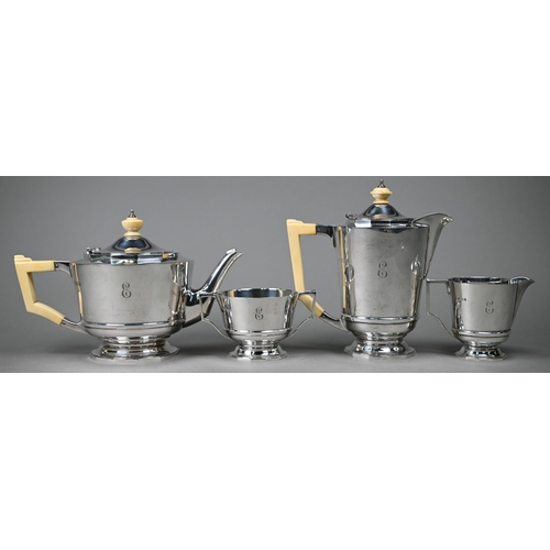 95 - A heavy quality Art Deco silver 4 piece tea set,of tapering cylindrical form with ivory handles and ... 