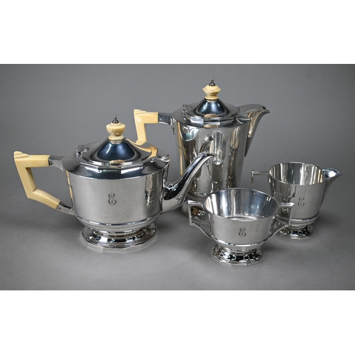 95 - A heavy quality Art Deco silver 4 piece tea set,of tapering cylindrical form with ivory handles and ... 