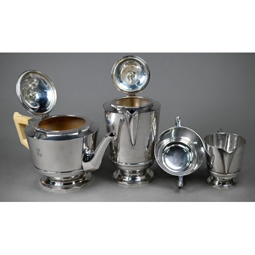 95 - A heavy quality Art Deco silver 4 piece tea set,of tapering cylindrical form with ivory handles and ... 