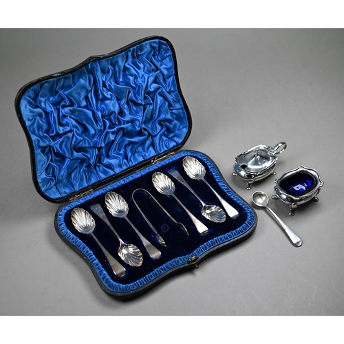 98 - A late Victorian cased set of six coffee spoons and tongs, with shell bowls, Wakely & Wheeler, L... 