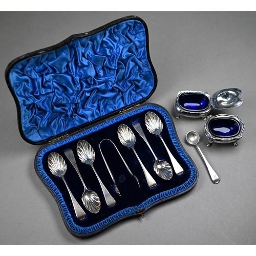 98 - A late Victorian cased set of six coffee spoons and tongs, with shell bowls, Wakely & Wheeler, L... 