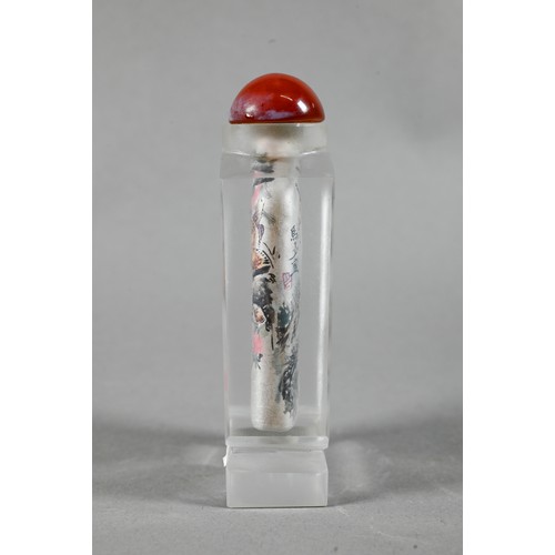 585 - A 20th century Chinese inside painted glass snuff bottle with orange glass stopper painted with Maca... 