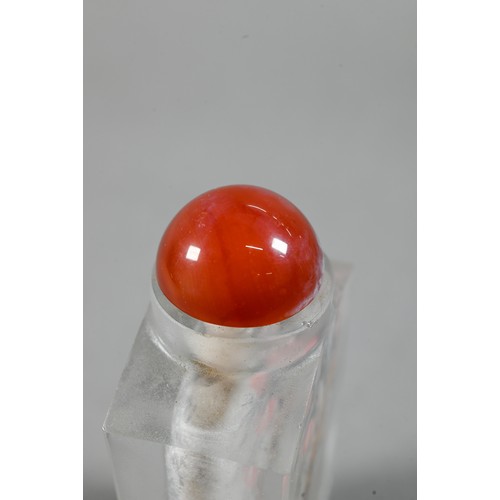 585 - A 20th century Chinese inside painted glass snuff bottle with orange glass stopper painted with Maca... 