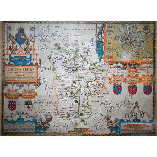 1012 - A 17th century county map engraving by John Speed after Jacob Hondius, Bedford Shire, 39 x 51.5 cm, ... 