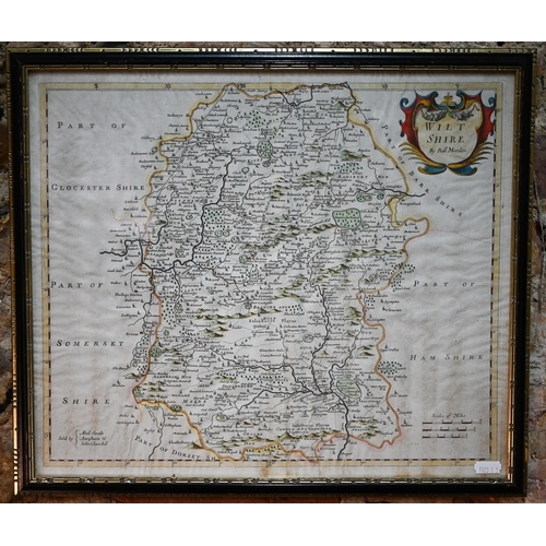 1013 - Two 17th century county map engravings by Robert Morden, Hampshire and Wiltshire, 35 x 41 cm, framed... 