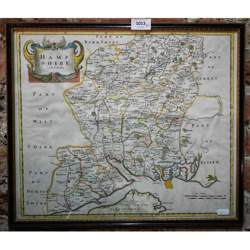 1013 - Two 17th century county map engravings by Robert Morden, Hampshire and Wiltshire, 35 x 41 cm, framed... 