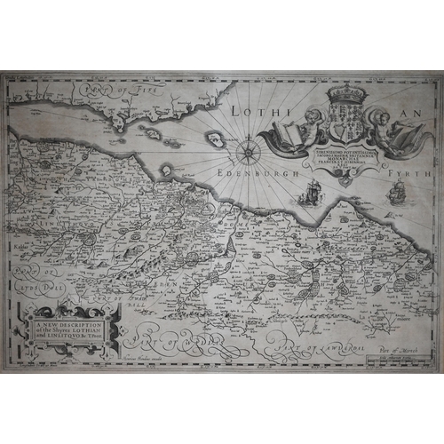 1014 - A 17th century county map engraving of the shires of Lothian and Linlitquo (sic), by Timothy Pont af... 