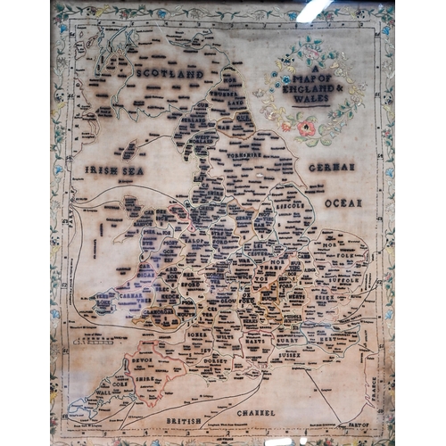 1015 - A large Georgian silk needlepoint of England and Wales, showing all the county boundaries, shipping ... 