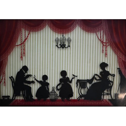 1019 - An early Victorian silhouette, reverse-painted under glass, family scene, 24 x 34 cm, framed (glass ... 