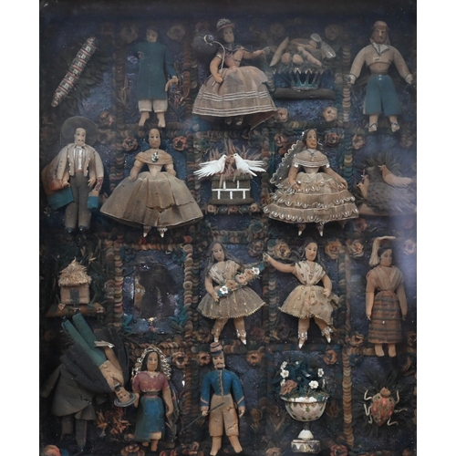 1020 - A 19th century Continental diorama with miniature fabric costume figures in garden setting, in glaze... 