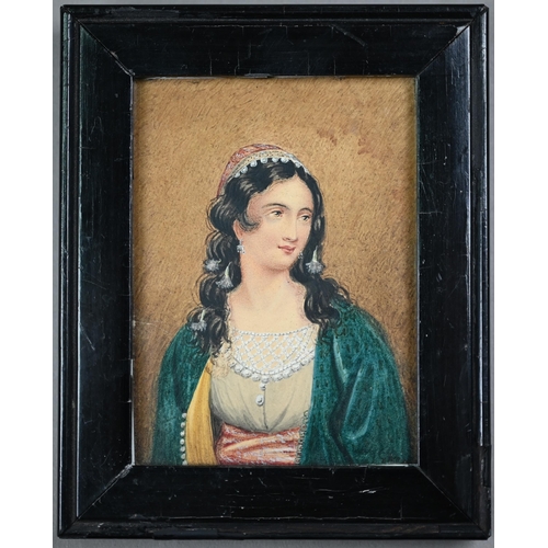 1024 - A 19th century Continental portrait miniature on card of a young lady with red cap and blue coat, to... 