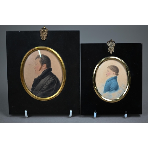 1025 - Two early 19th century portrait miniatures on card - gentleman and young boy to/w two painted and gi... 