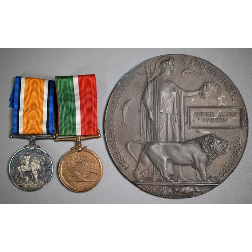 1032 - A WWI death plaque for Arthur Albert Haddon to/with original OHMS telegram and the WWI medal pair to... 