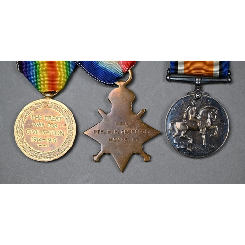 1033 - A WWI trio to 3581 Pte. W R Aldridge, Hampshire Regt. comprising 1914-15 Star; British War Medal; Vi... 