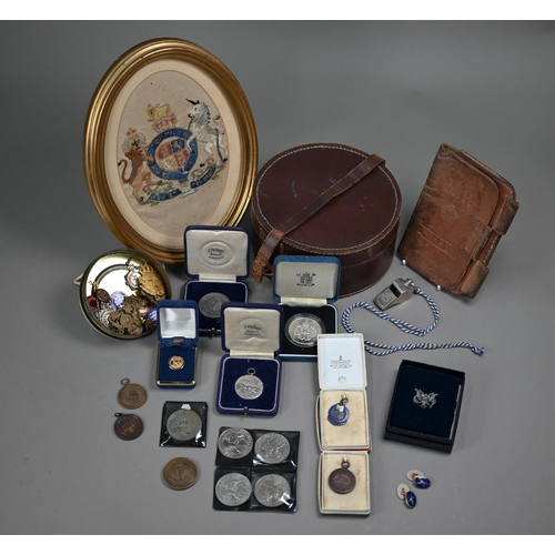 1045 - Various silver and other sports medallions, military badges, buttons, Metropolitan Police notebook b... 