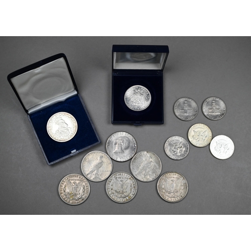 1074 - Silver coins: 1911 German 3 Mark EF, 1987 Belgian Ecu VF, 1889 Liberty head Morgan dollar VF, two 19... 