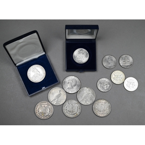 1074 - Silver coins: 1911 German 3 Mark EF, 1987 Belgian Ecu VF, 1889 Liberty head Morgan dollar VF, two 19... 