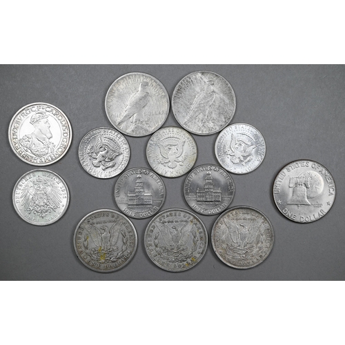 1074 - Silver coins: 1911 German 3 Mark EF, 1987 Belgian Ecu VF, 1889 Liberty head Morgan dollar VF, two 19... 