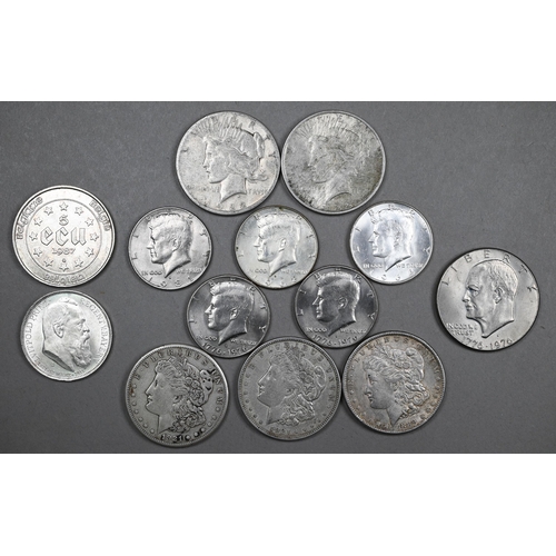 1074 - Silver coins: 1911 German 3 Mark EF, 1987 Belgian Ecu VF, 1889 Liberty head Morgan dollar VF, two 19... 