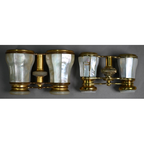 1086 - Two antique pairs of gilt metal and mother of pearl opera glasses (one cased) to/w a marbled leather... 