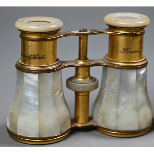 1086 - Two antique pairs of gilt metal and mother of pearl opera glasses (one cased) to/w a marbled leather... 