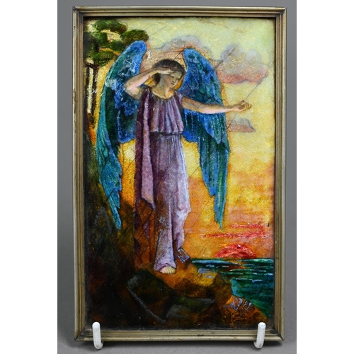 1087 - An enamel plaque, painted with an angel contemplating sunset over the sea, unsigned (in the manner o... 