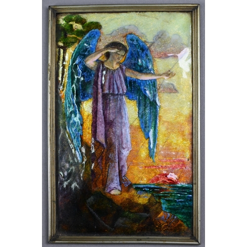 1087 - An enamel plaque, painted with an angel contemplating sunset over the sea, unsigned (in the manner o... 