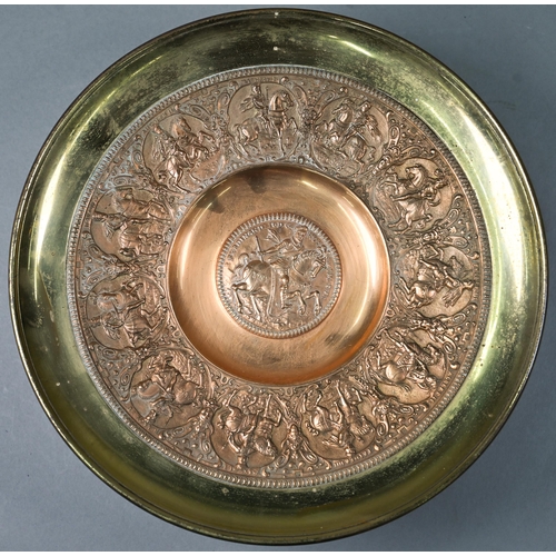 1091 - A 19th century cast brass tazza, impressed with relief medallions depicting medieval continental kin... 