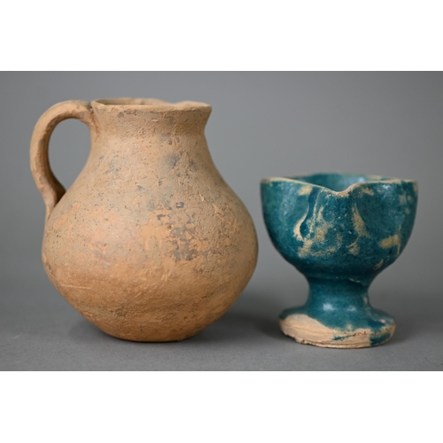 1096 - An antiquity Middle Eastern (probably Persian) turquoise-glazed terracotta pitcher oil-lamp 6.5 cm h... 