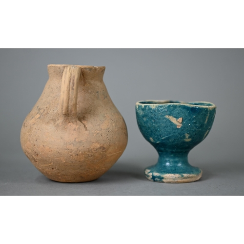 1096 - An antiquity Middle Eastern (probably Persian) turquoise-glazed terracotta pitcher oil-lamp 6.5 cm h... 