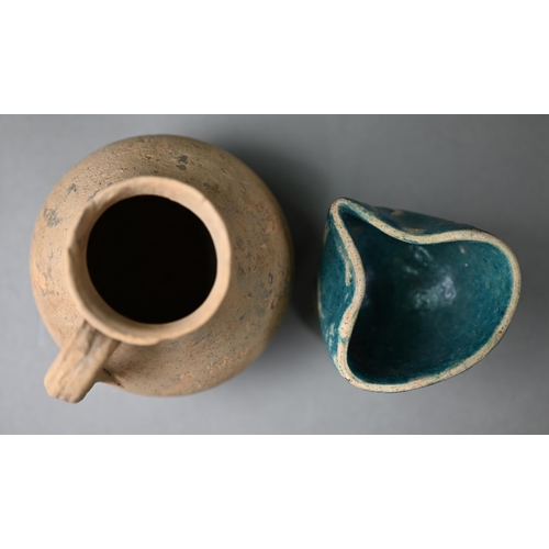 1096 - An antiquity Middle Eastern (probably Persian) turquoise-glazed terracotta pitcher oil-lamp 6.5 cm h... 