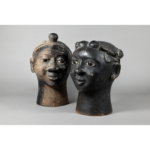 1116 - Two vintage African, possibly Benin, pottery busts, male and female, 21 cm high