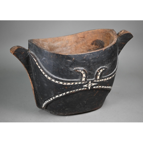 1117 - A Polynesian (possibly Solomon Islands) carved and painted wood two-handled vessel inlaid with mothe... 