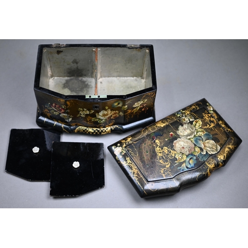 1138 - A Victorian lacquered papier maché tea caddy painted and gilded overall with flowers, on bun feet, w... 