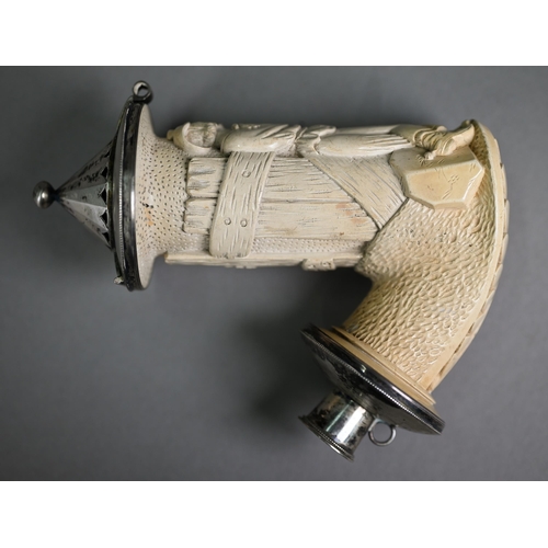 1143 - An antique German Meerschaum pipe, the bowl with ep mounts carved with a farmer smoking, 14 cm high ... 