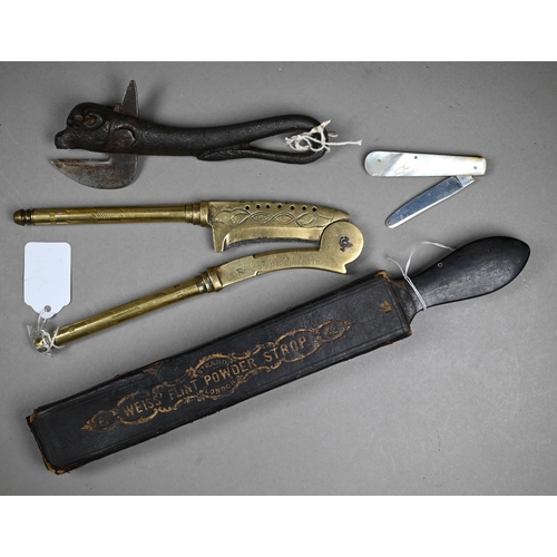 1145 - Six antique and later corkscrews to/w an Indian brass sugar-cutter, a 'Bully' can-opener, a 'Weiss F... 