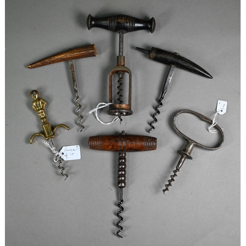 1145 - Six antique and later corkscrews to/w an Indian brass sugar-cutter, a 'Bully' can-opener, a 'Weiss F... 