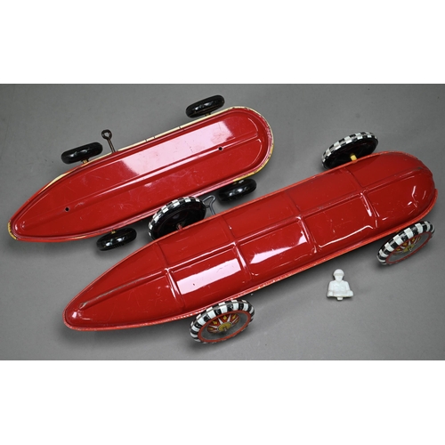 1152 - Two Mar Toys tinplate clockwork racing cars, 41/30 cm long - the smaller inscribed 'Indianapolis 194... 