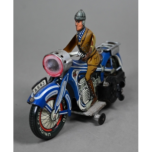 1154 - A boxed German (US Zone) Arnold clockwork tinplate motorcycle with rider, 19 cm long (box a/f)