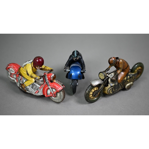 1156 - A Schuco clockwork tinplate motorcycle with rider, 13 cm long, to/w a CKO motorcycle and rider and a... 