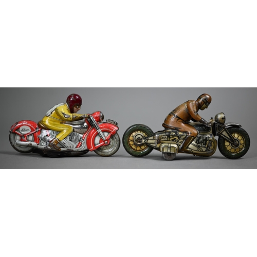 1156 - A Schuco clockwork tinplate motorcycle with rider, 13 cm long, to/w a CKO motorcycle and rider and a... 