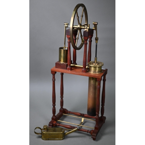 1181 - A brass and steel model of an 1816 Stirling engine, 57 cm high, to/w oil-can (2)