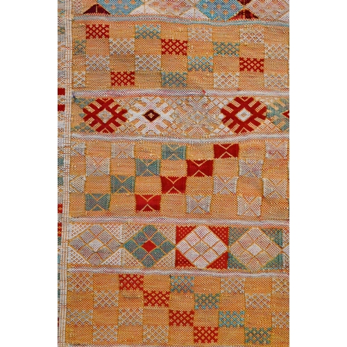 1206 - A contemporary Portuguese hand-woven Turkish Sumak kelim style rug with multiple bands of alternatin... 