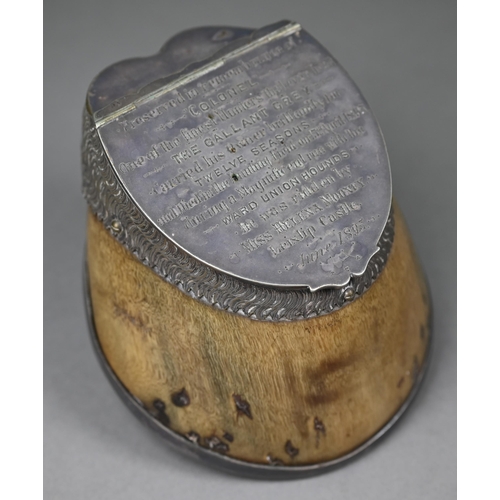 1236 - A late Victorian Irish horse's hoof inkwell with ep mounts engraved to commemorate 'Colonel...The Ga... 