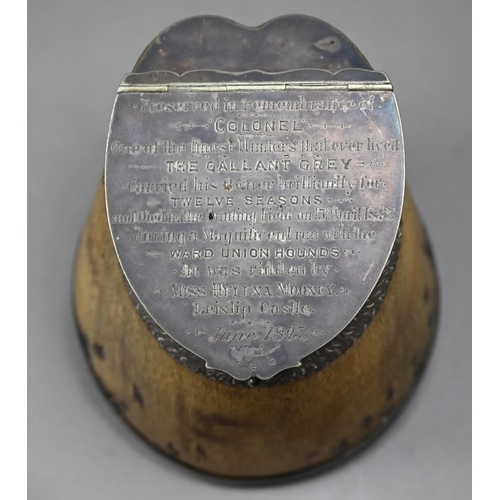 1236 - A late Victorian Irish horse's hoof inkwell with ep mounts engraved to commemorate 'Colonel...The Ga... 