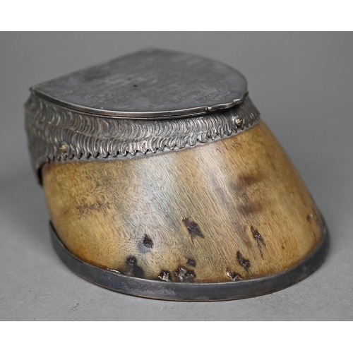 1236 - A late Victorian Irish horse's hoof inkwell with ep mounts engraved to commemorate 'Colonel...The Ga... 