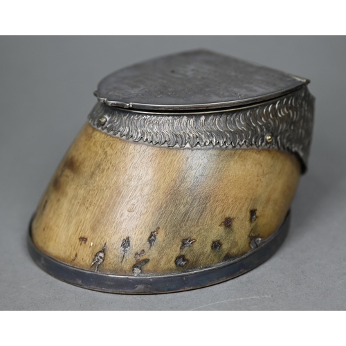 1236 - A late Victorian Irish horse's hoof inkwell with ep mounts engraved to commemorate 'Colonel...The Ga... 