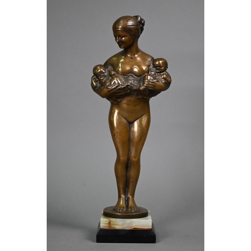 1247 - A bronze female nude figure with two babies, signed 'Linke A D Frinke', on onyx and slate base, 29 c... 