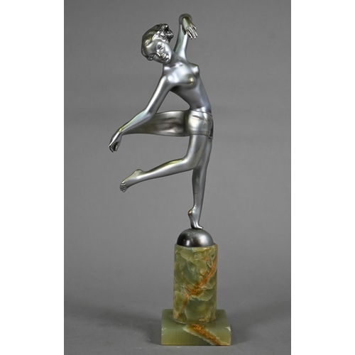 1254 - An Art Deco silver-patinated figure of a female nude dancer, after Josef Lorenzl (signed), on onyx b... 