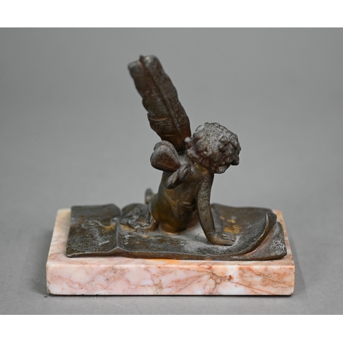 1257 - After Ernest Justin Ferrand (1846-1932) a bronzed figure, Cupid writing a letter, on marble base, 11... 